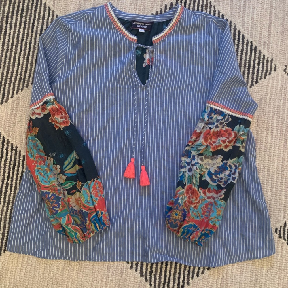 Johnny Was Workshop Striped Silk/Cotton Floral Top Size XS